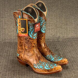 ARIAT Dusty Rose X Toe Western Boots - Womens 9 B - teal blue inlay new floral